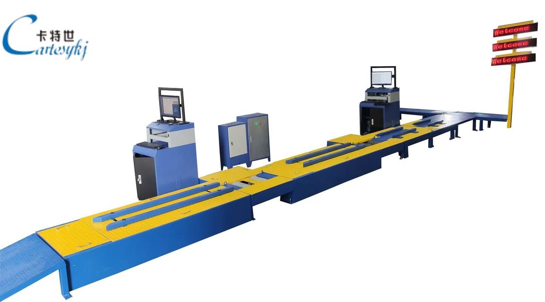 Línea de pruebas centralizada para motocicletas de 2 ruedas. Incluye: Fuerza de frenado, carga por eje, velocímetro, alineación de ruedas, comprobador de faros, medidor de ruido.